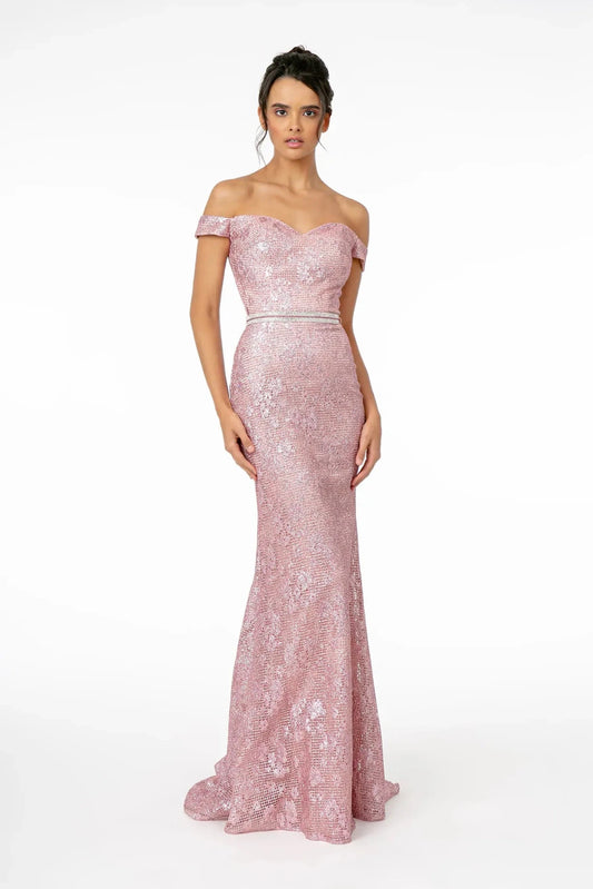Full-length front view shows beaded styling on the Fuchsia prom evening dress.