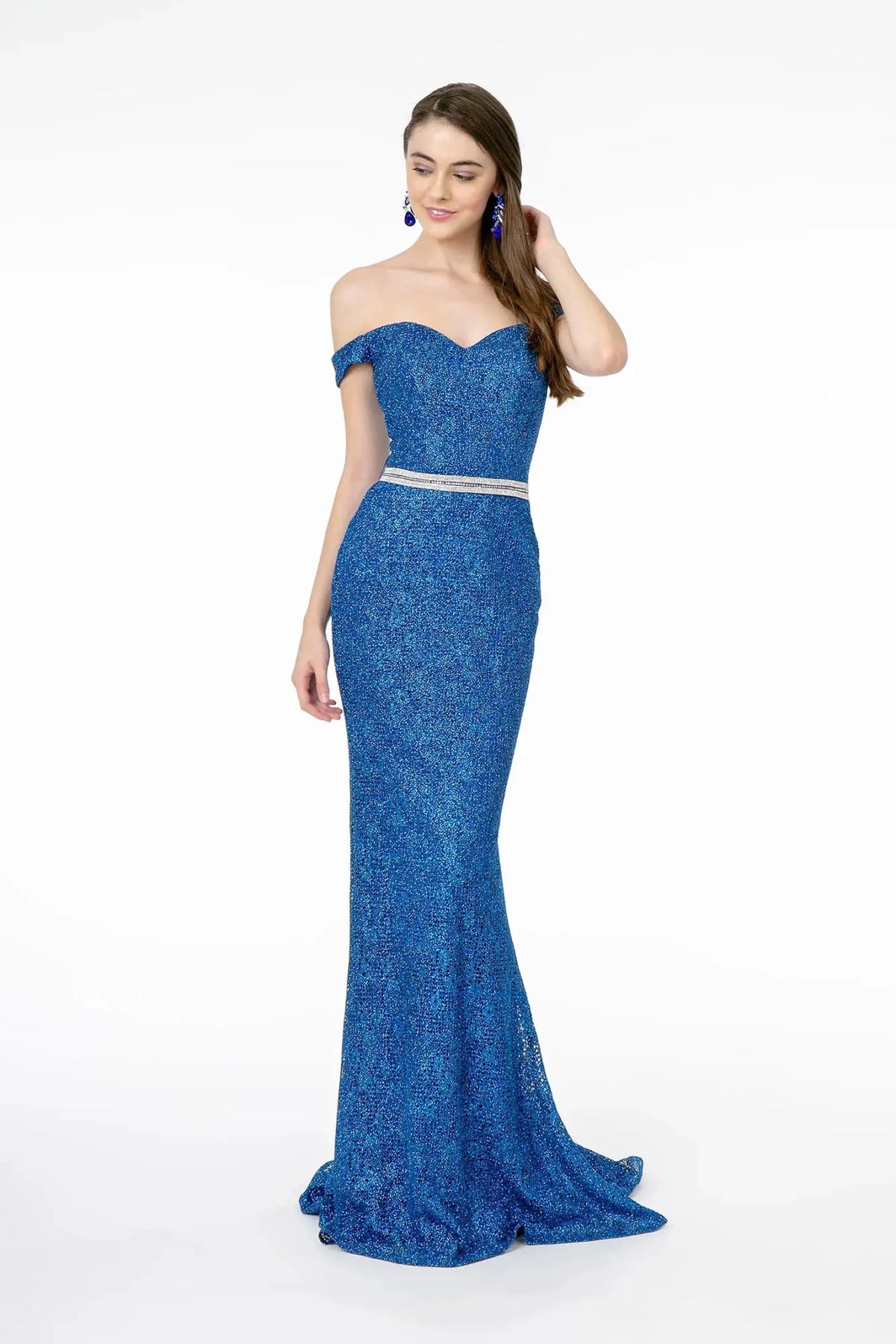 Full-length front view shows beaded styling on the Royal Blue prom evening dress.