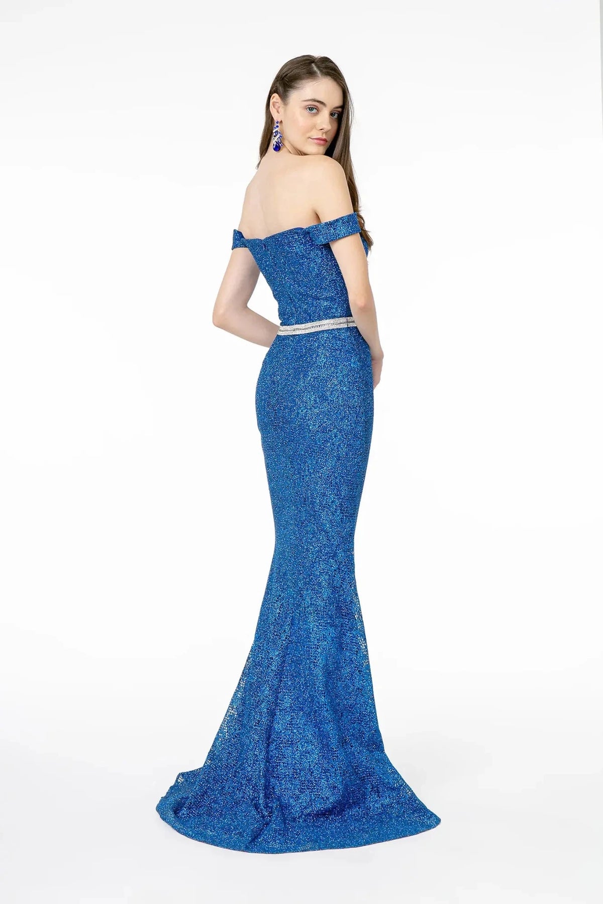 Rear view highlights the back detail of the Royal Blue prom evening dress.