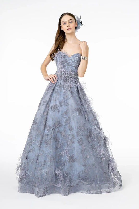 Bodice close-up highlights lavender beading embellished embroidery formal dress.