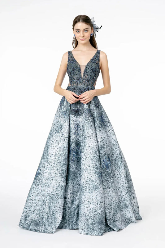 Detailed view highlights dark Green beading embellished formal dress detail.