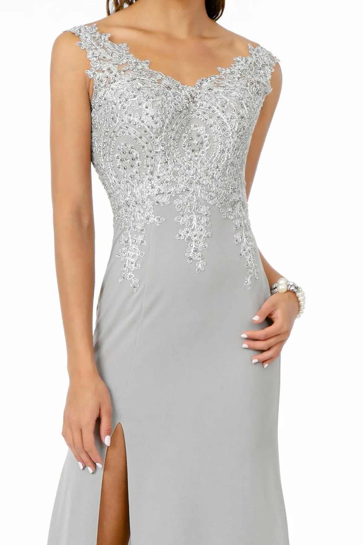 Silver/Silver embroidery formal dress full back view