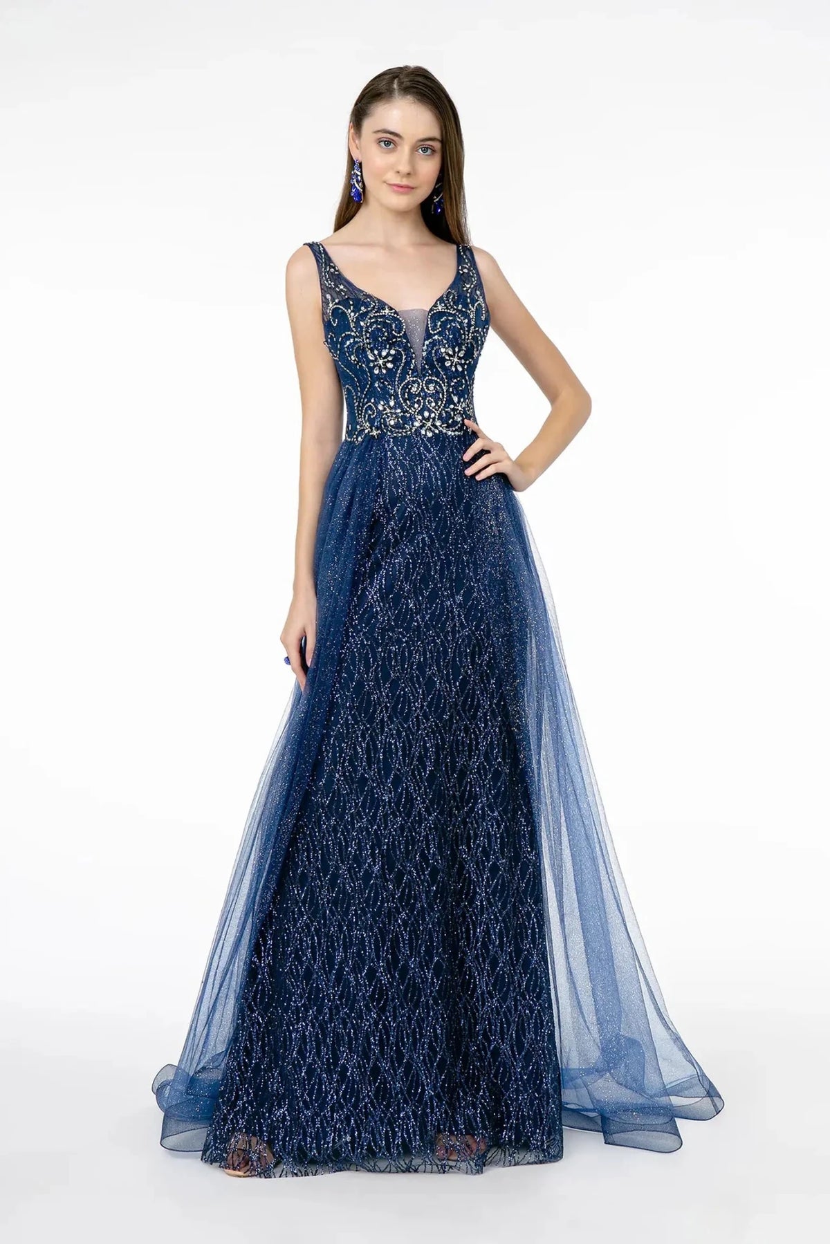 Navy beaded prom evening dress full front