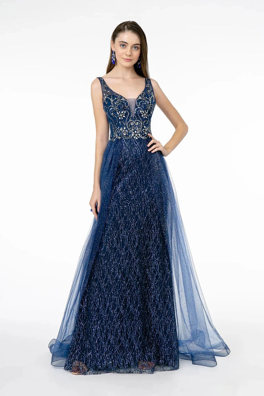 Full-length front view shows beaded styling on the Navy prom evening dress.