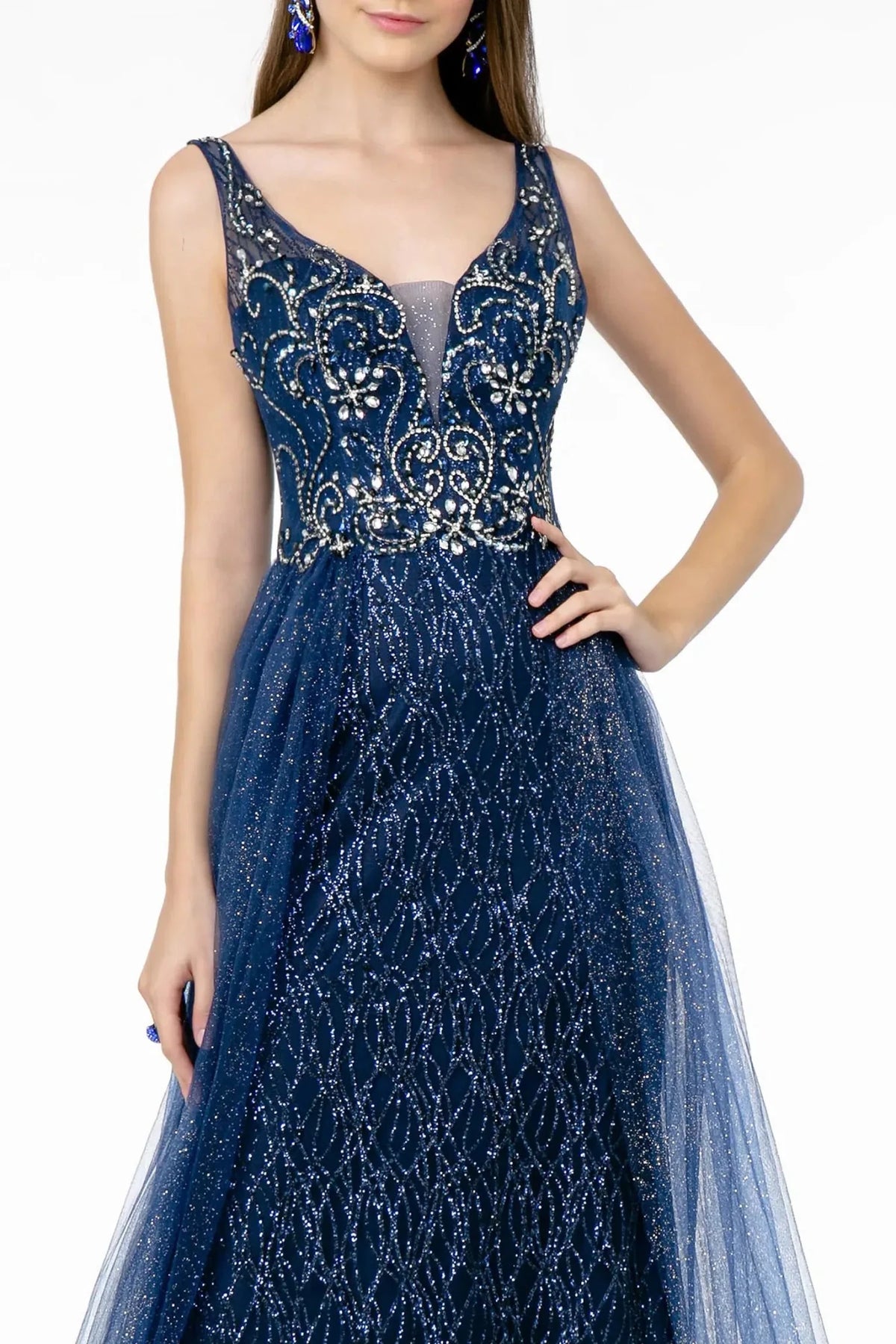 Navy illusion v-neck prom evening dress upper front with glitter, jewel