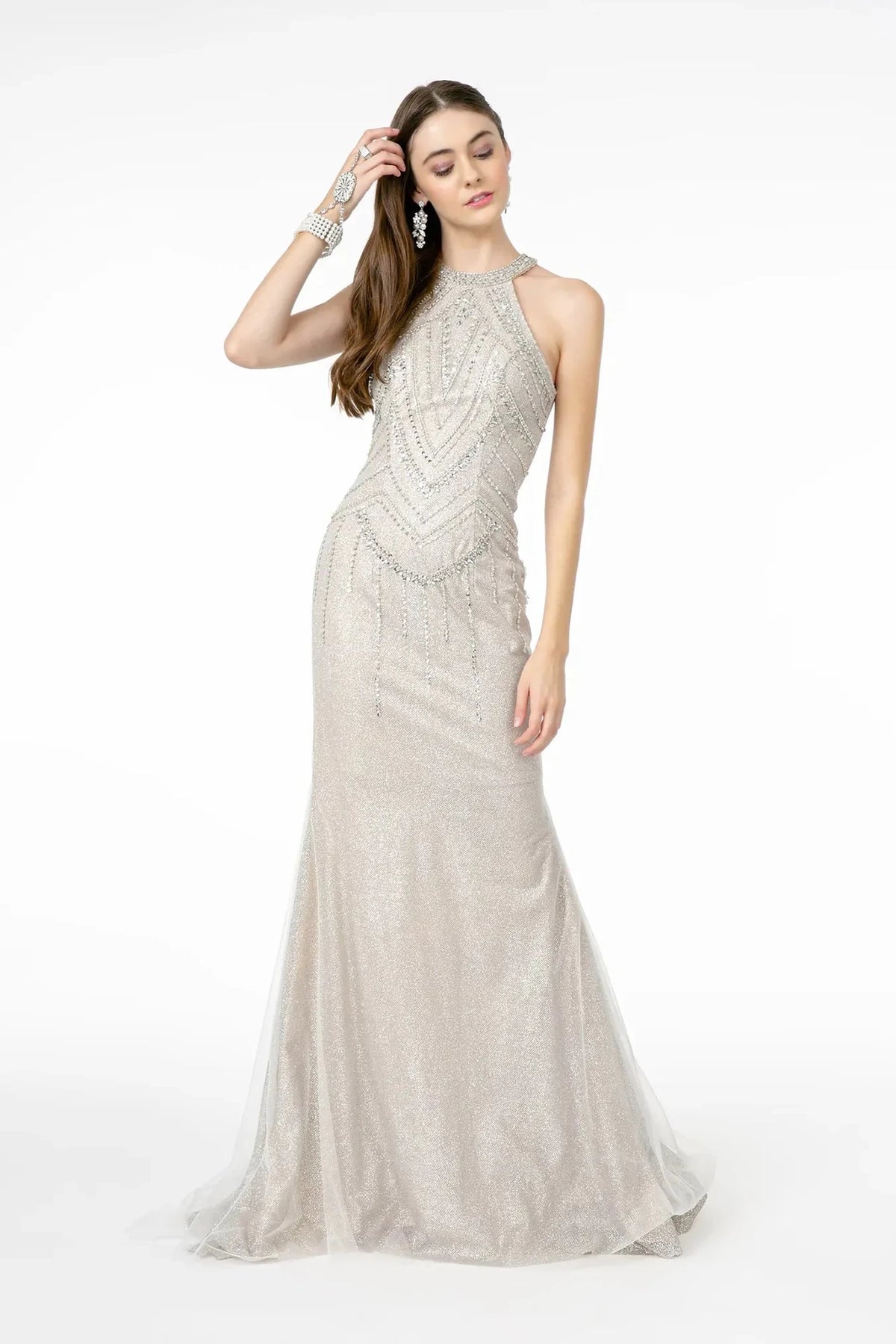 Light Silver sequin prom evening dress full front