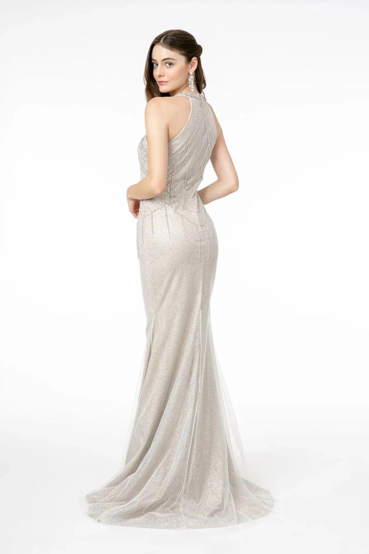 Light Silver prom evening dress full back with back detail