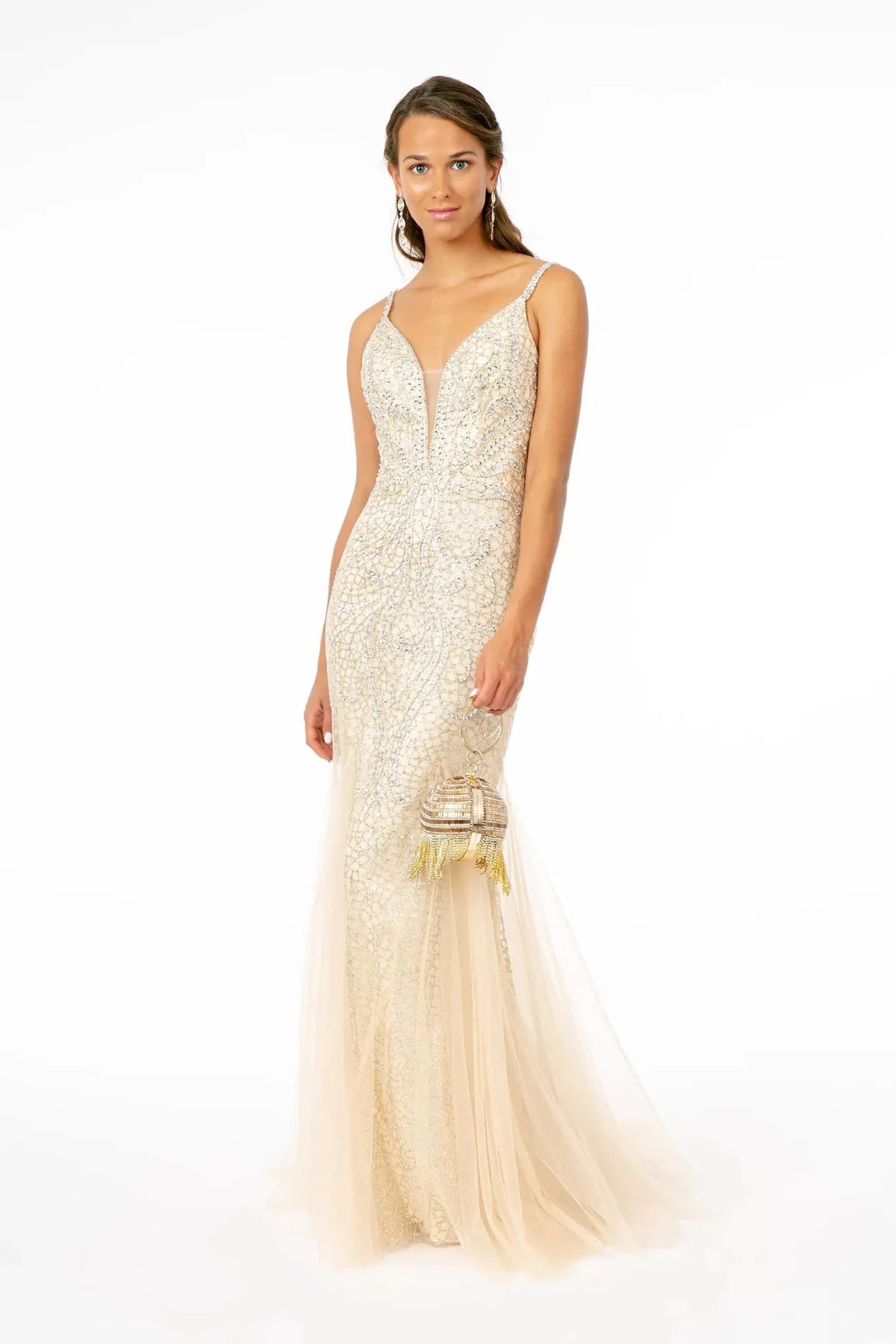 Full-length front view shows sequin styling on the Light Gold prom evening dress.