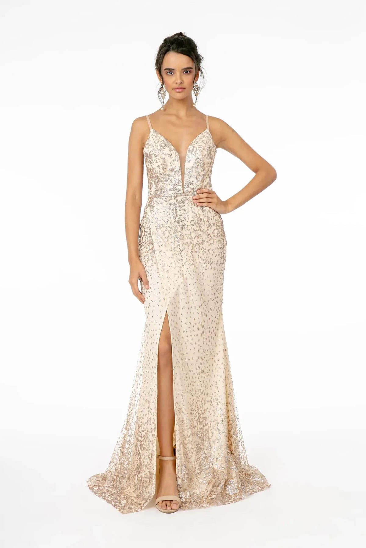 Light Gold glitter prom evening dress full front