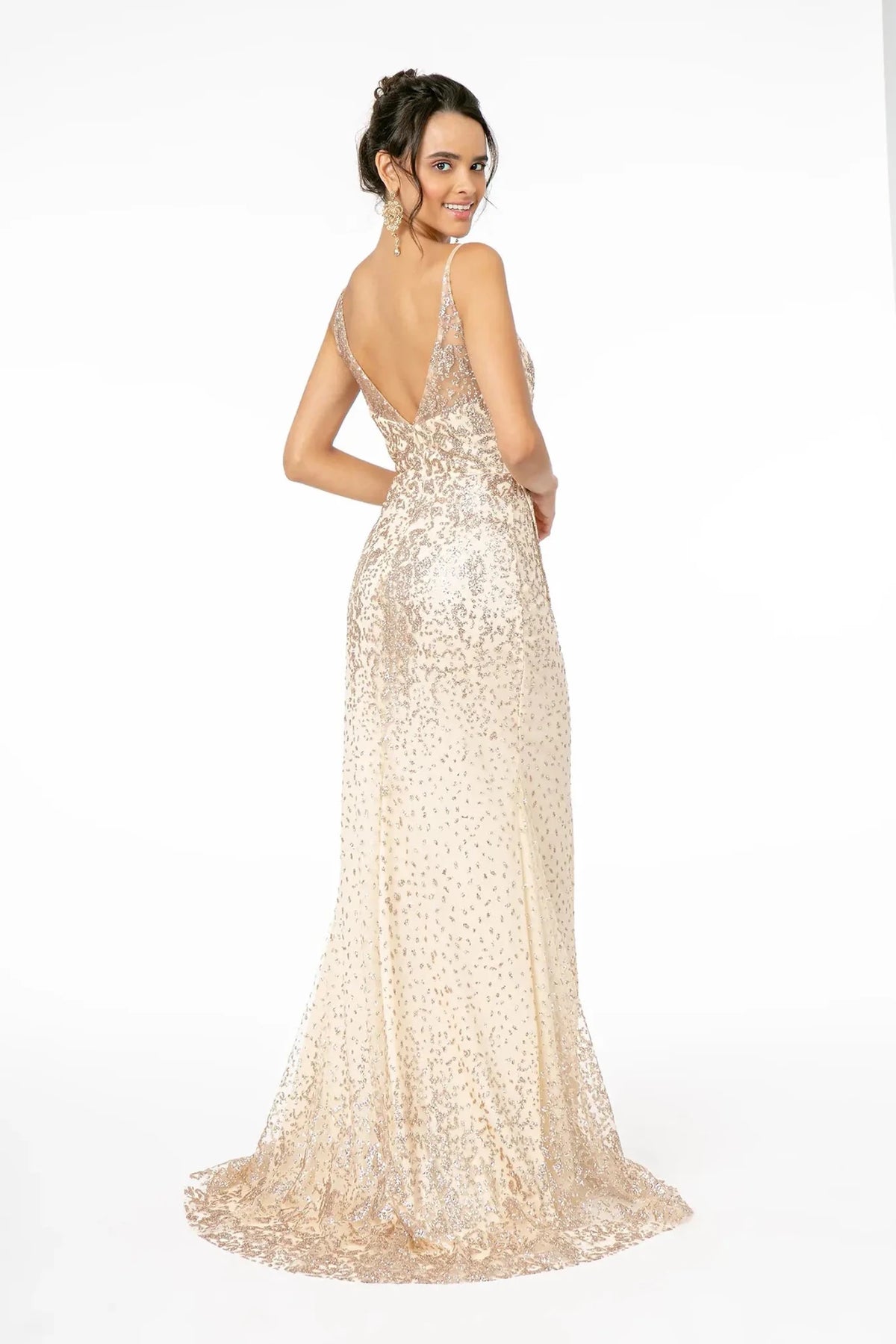 Light Gold prom evening dress full back with open back
