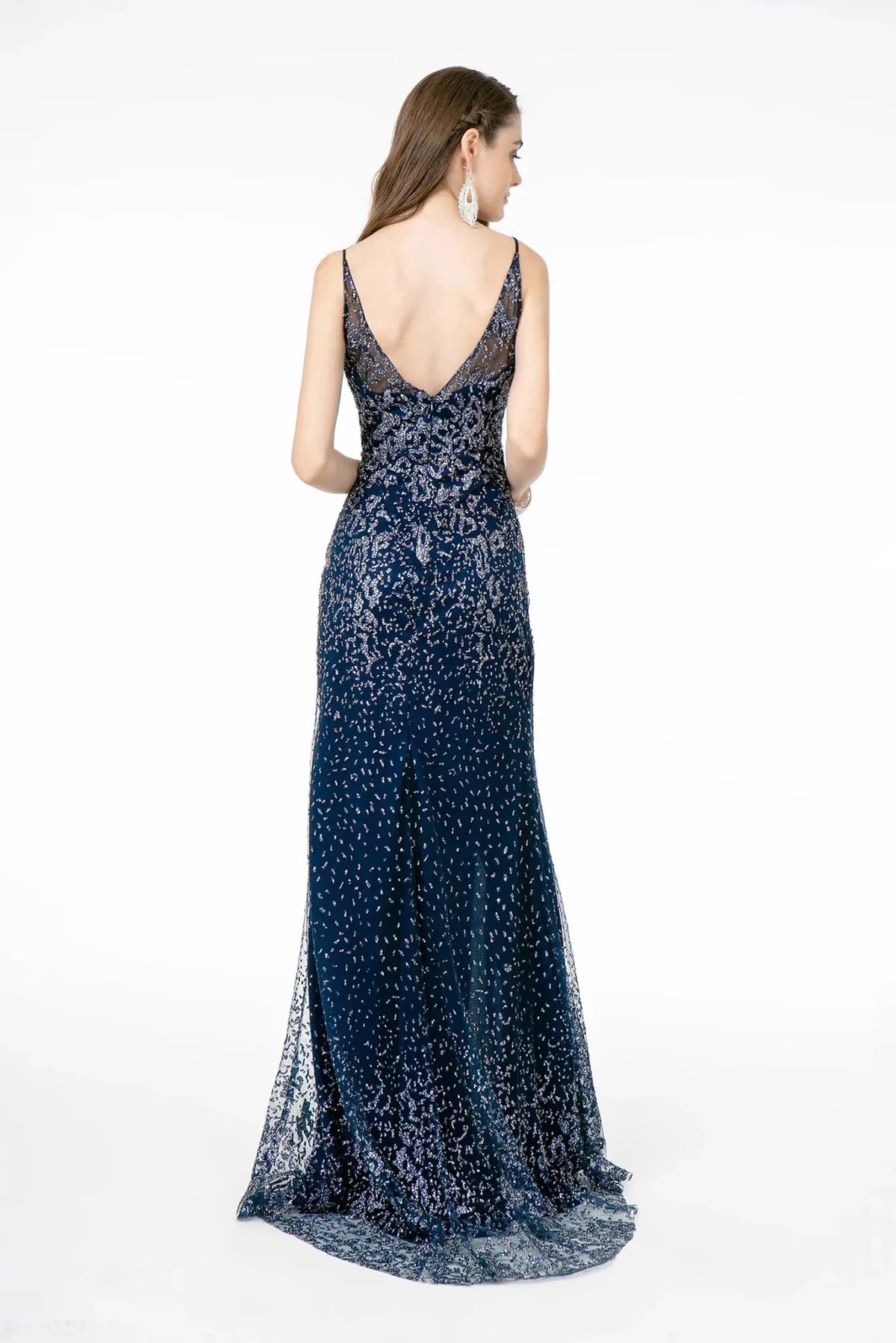 Navy prom evening dress full back with open back