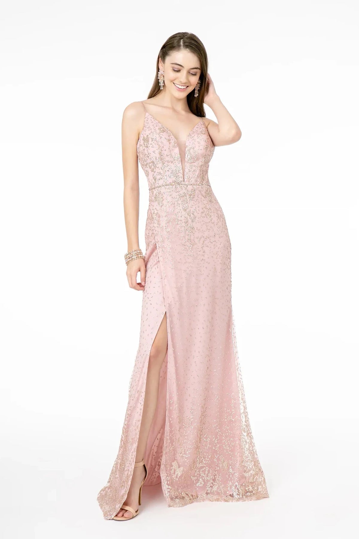 Rose Gold glitter prom evening dress full front
