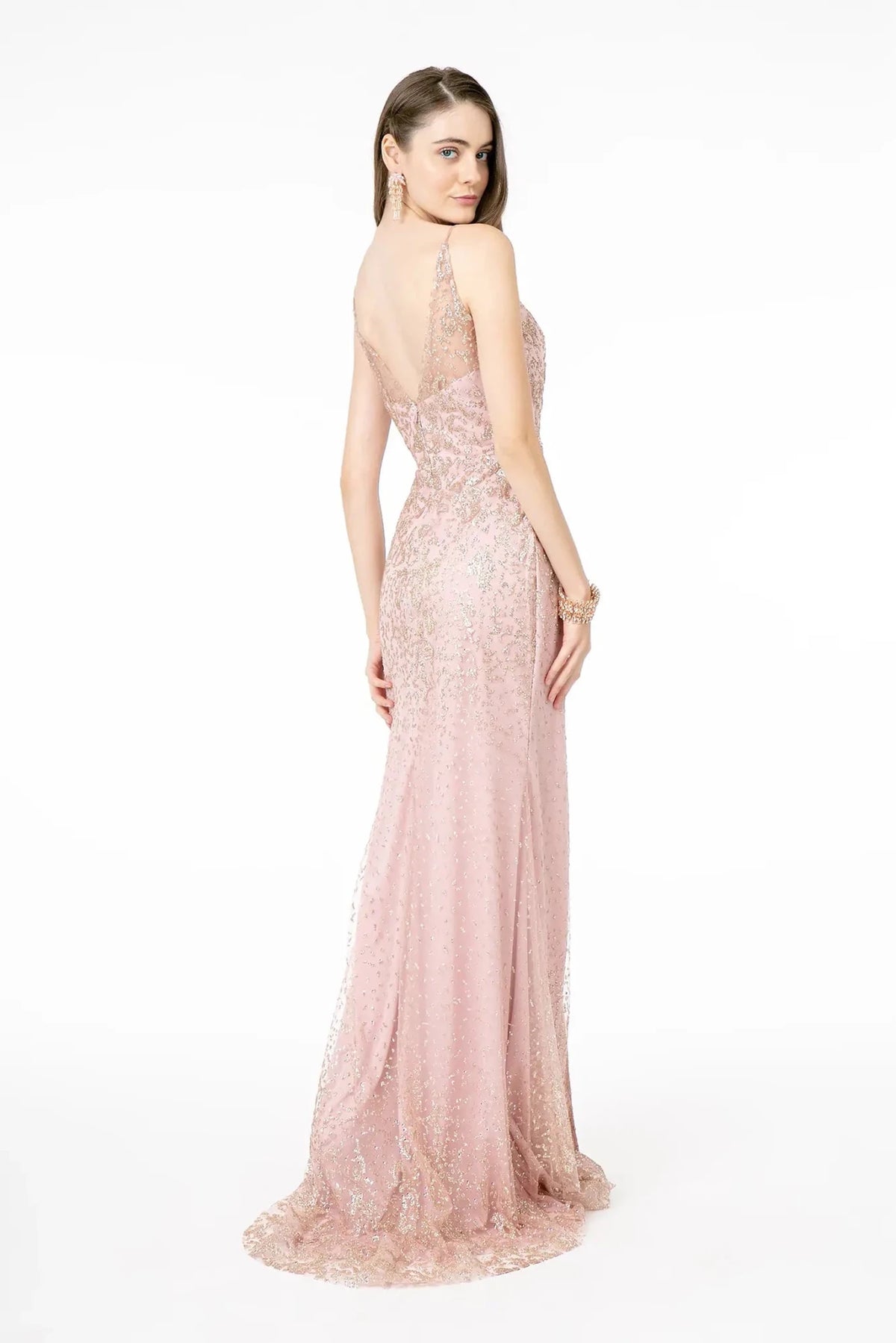 Rose Gold prom evening dress full back with open back