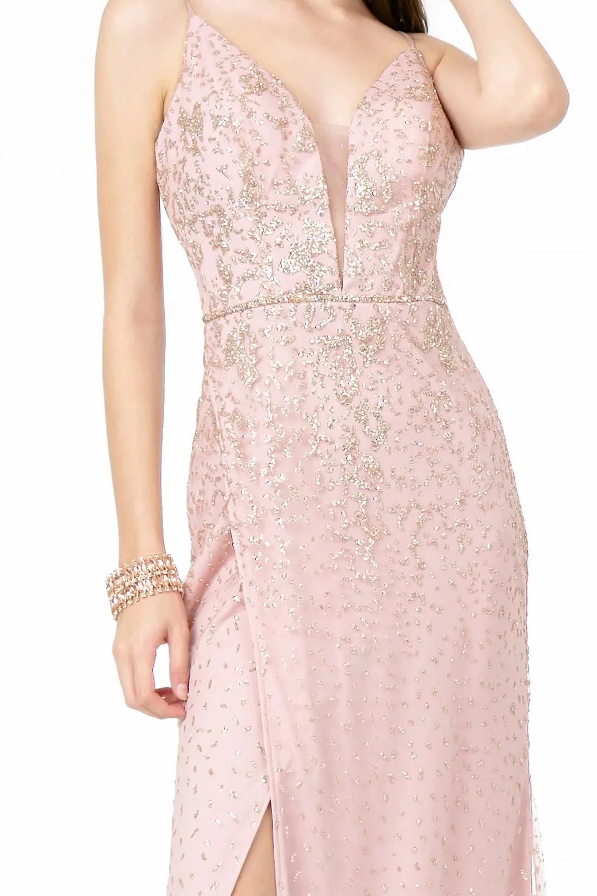 Rose Gold illusion v-neck prom evening dress upper front with glitter