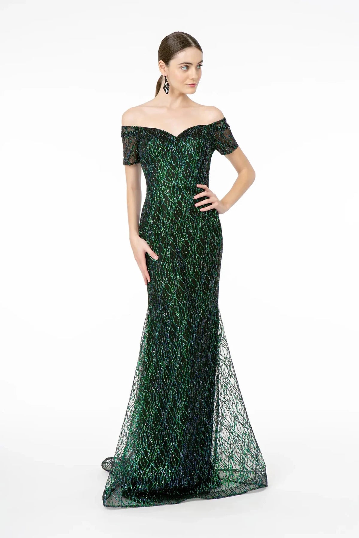 Black/Green glitter short-sleeve prom evening dress full front