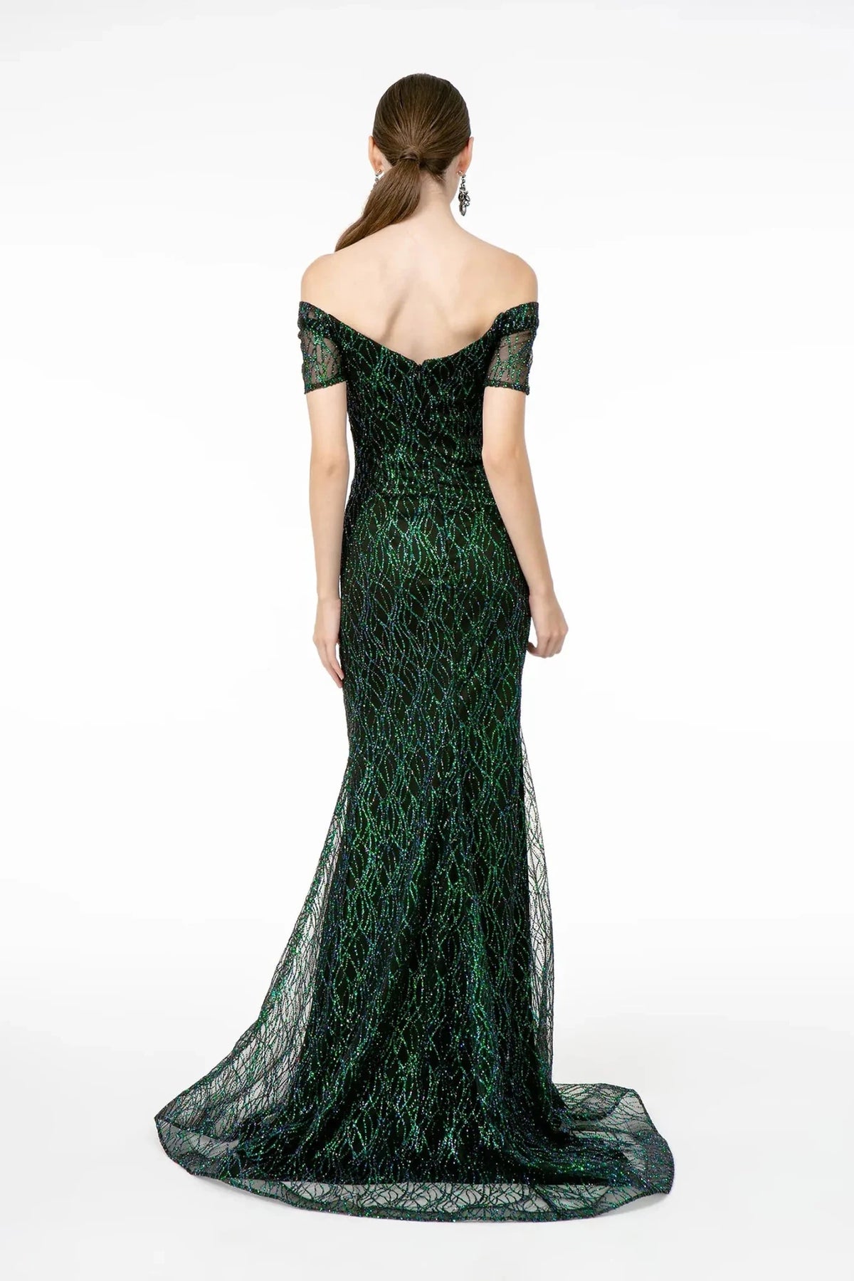 Black/Green prom evening dress full back with open back