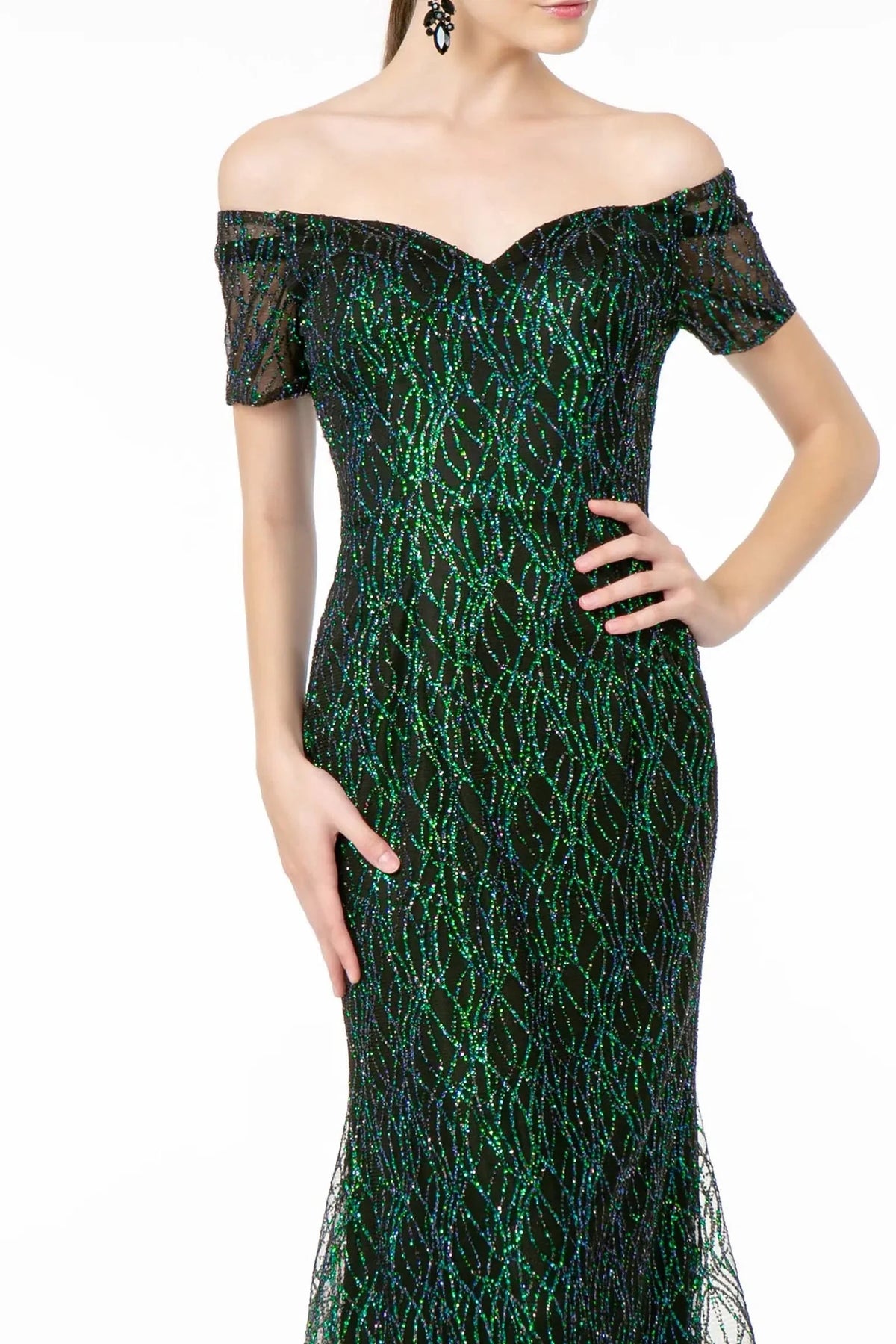 Black/Green v-neck prom evening dress upper front with glitter