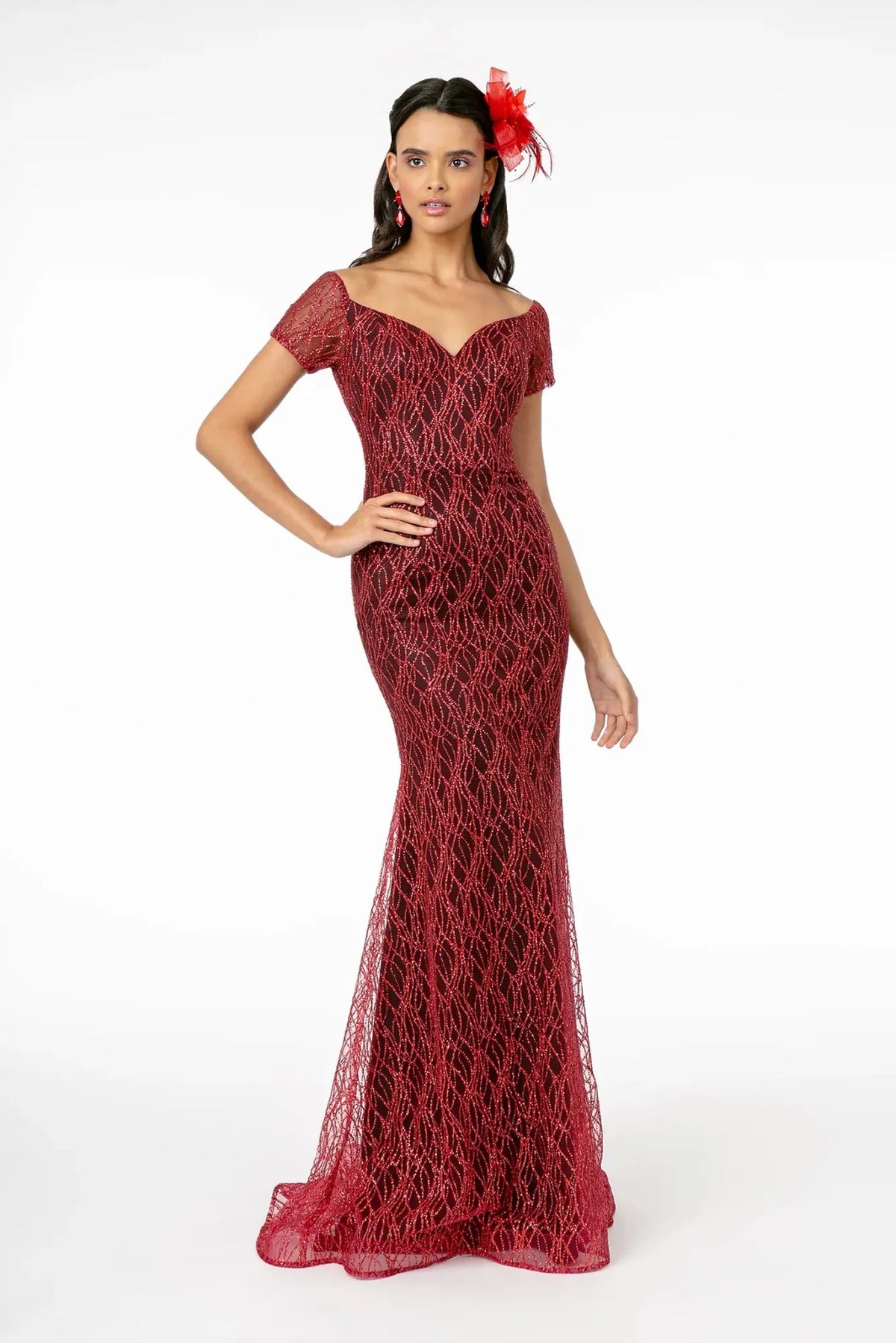 Burgundy glitter short-sleeve prom evening dress full front