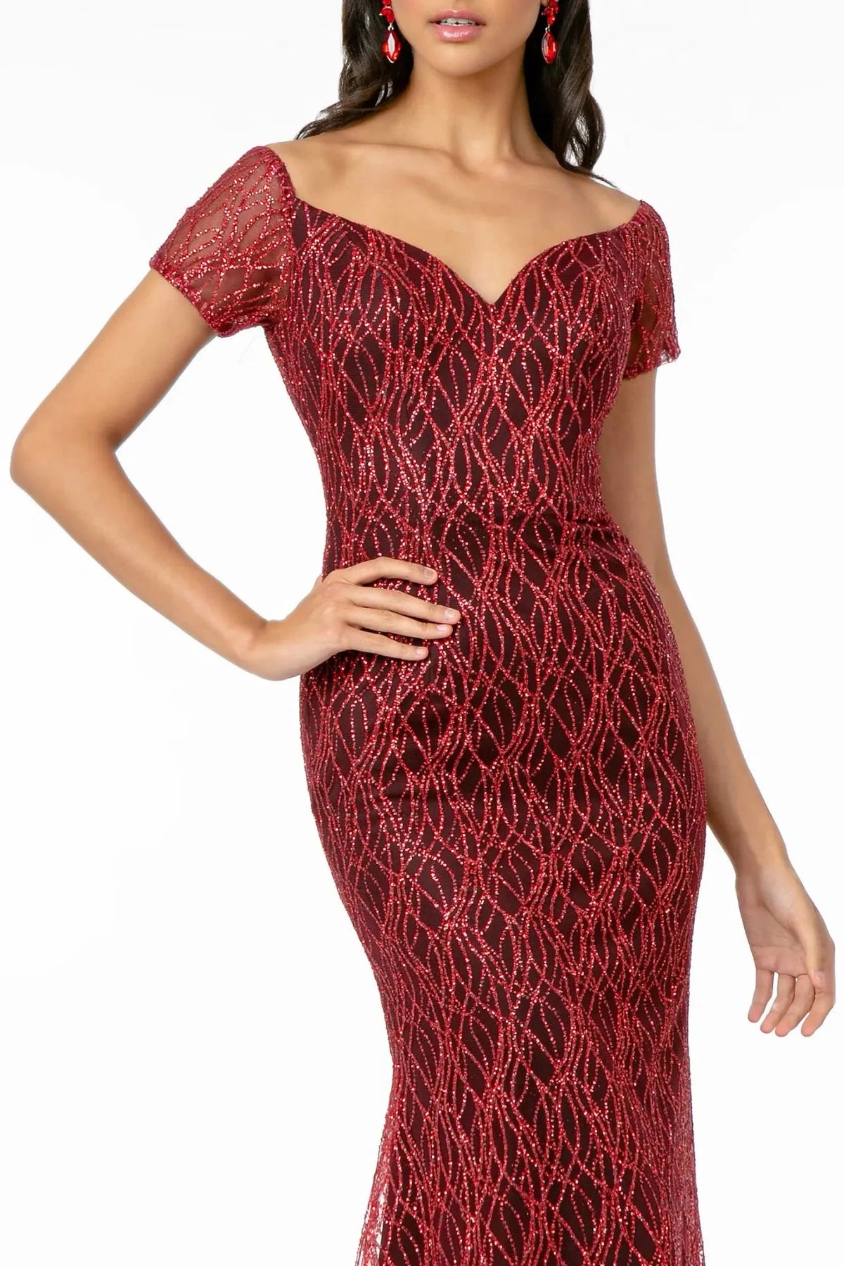 Burgundy prom evening dress full back with open back