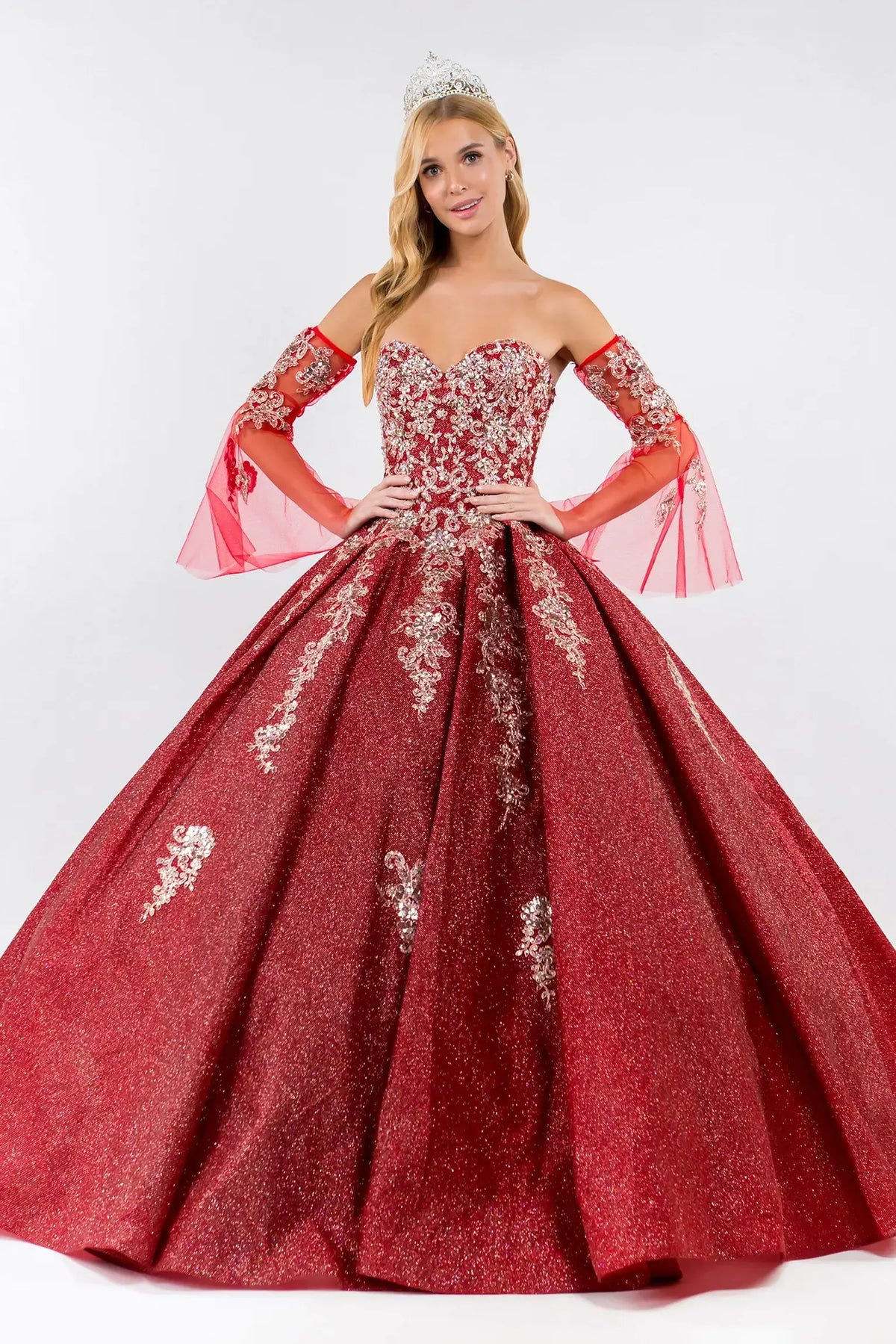 Full-length view presents the Burgundy quinceañera ball gown with ruffled train.