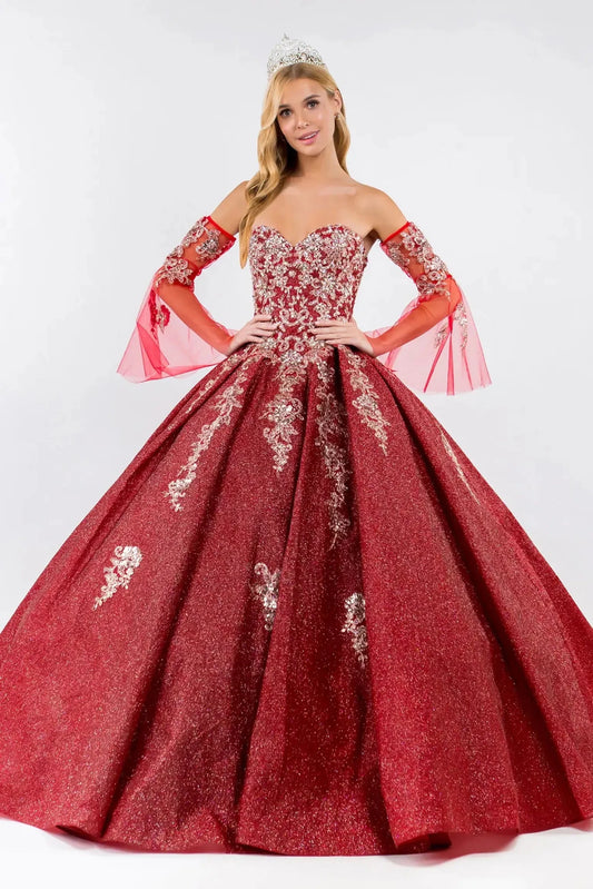 Full-length view presents the Burgundy quinceañera ball gown with ruffled train.