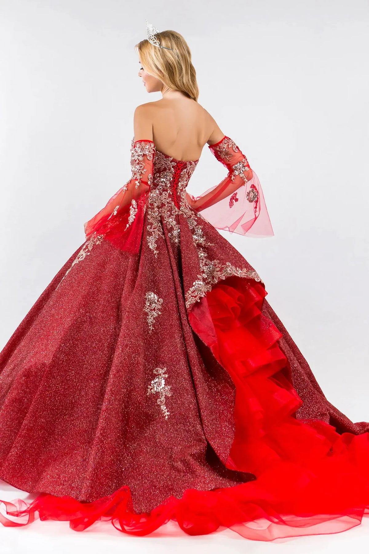Lace-up back reveals the Burgundy quinceañera ball gown with lace-up back and detachable mesh sleeves.