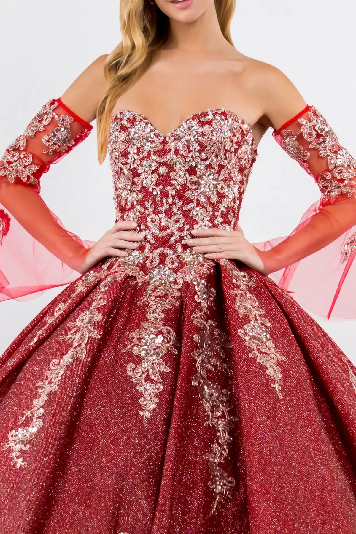 Bodice close-up highlights the Burgundy quinceañera ball gown with detachable mesh sleeves.