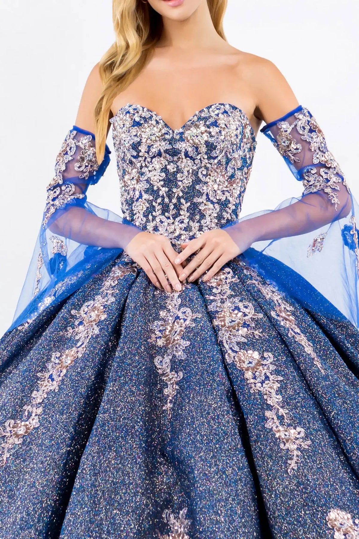 Bodice close-up highlights the Royal Blue quinceañera ball gown with detachable mesh sleeves.