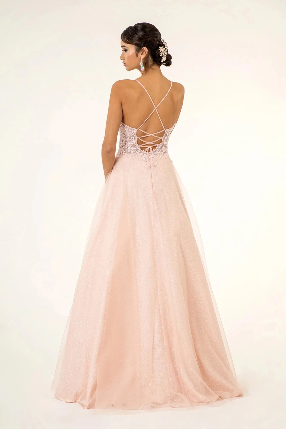 Blush prom evening dress full back with lace-up back