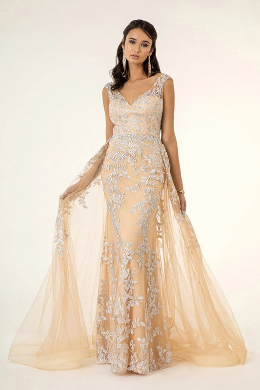 Skirt detail shows champagne embellished embroidery 3d detail floral formal dress skirt detail.