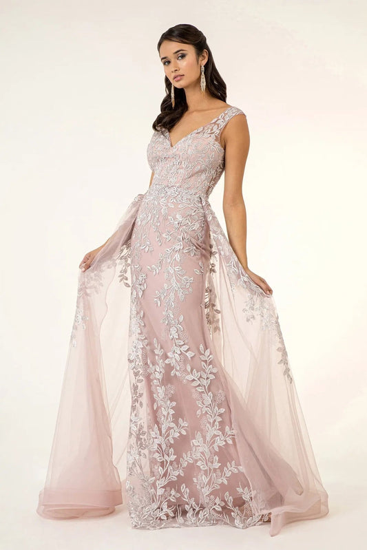Detailed view highlights dusty Rose embellished embroidery 3d detail floral formal dress detail.