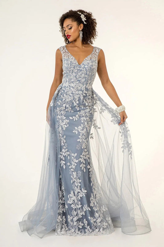 Bodice close-up highlights smoky Blue embellished embroidery 3d detail floral formal dress.