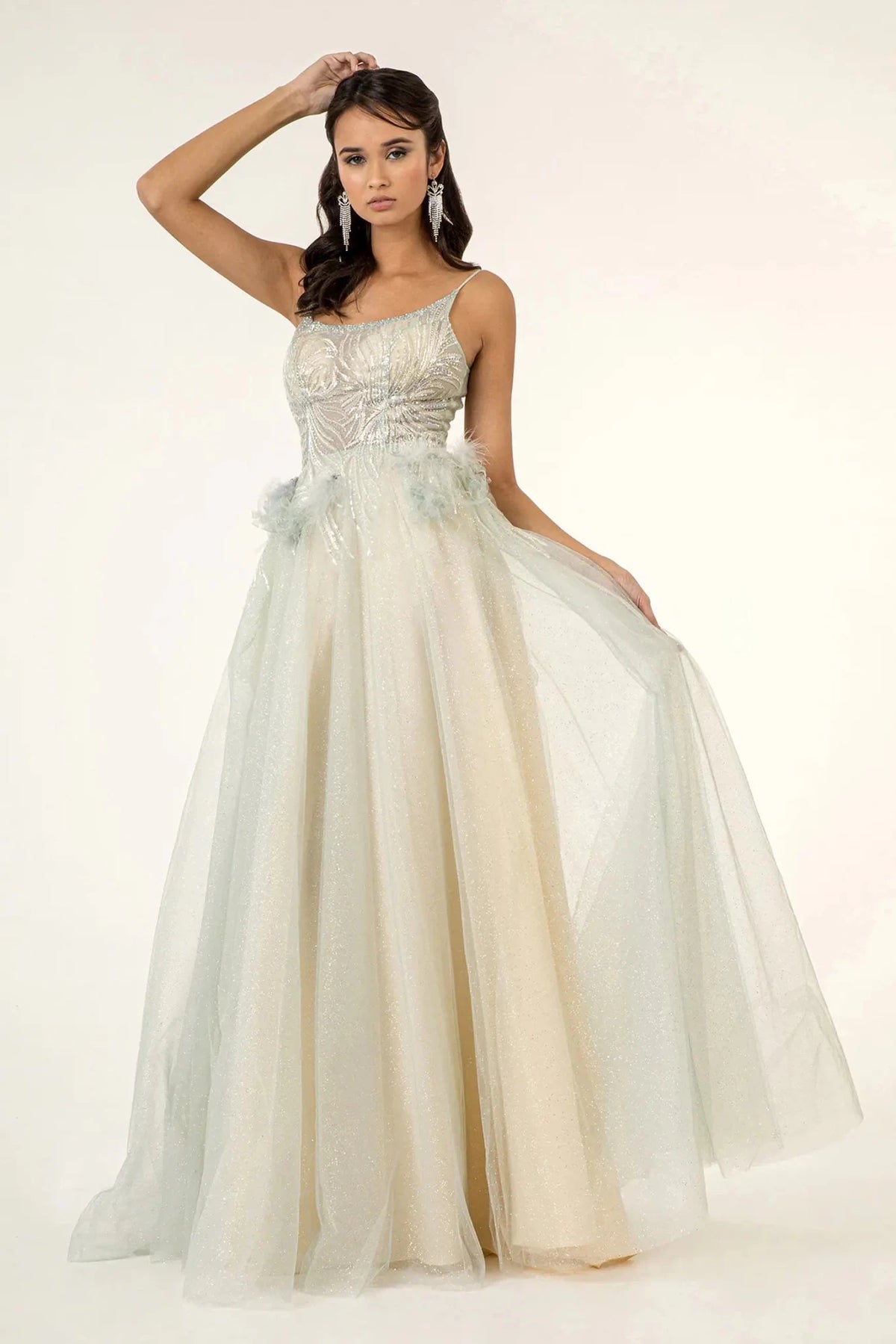 Silver Mint sequin prom evening dress full front