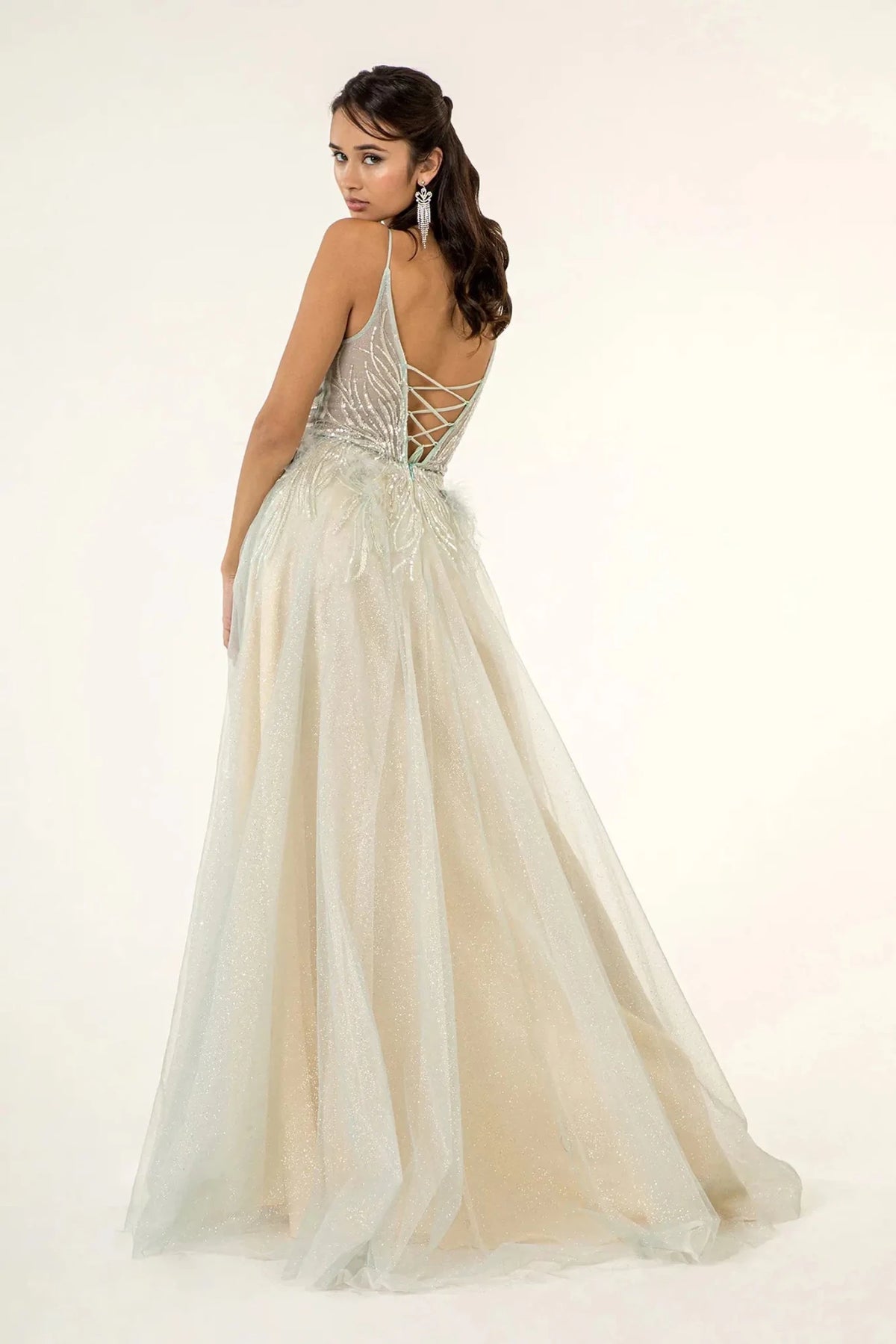 Silver Mint prom evening dress full back with lace-up back