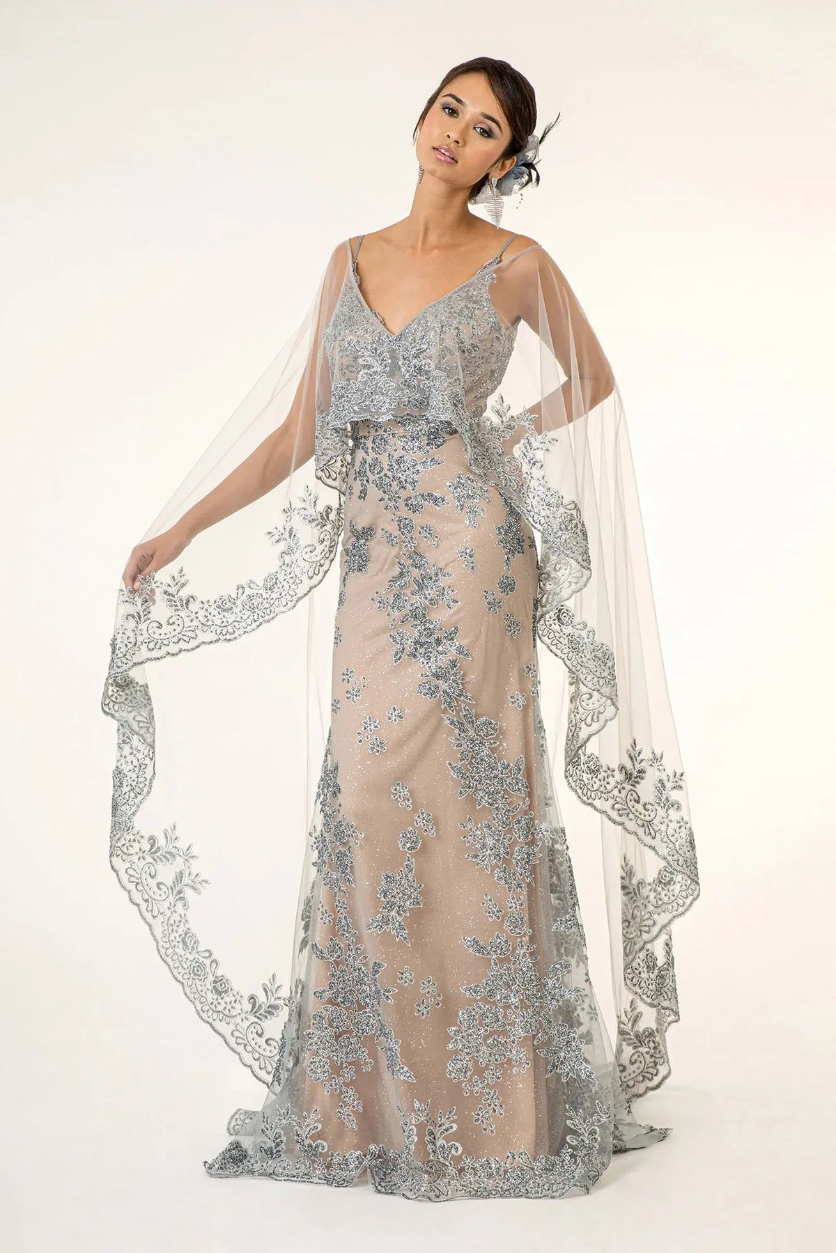Silver/Nude mother of the bride dress with a floor-length embroidered cape