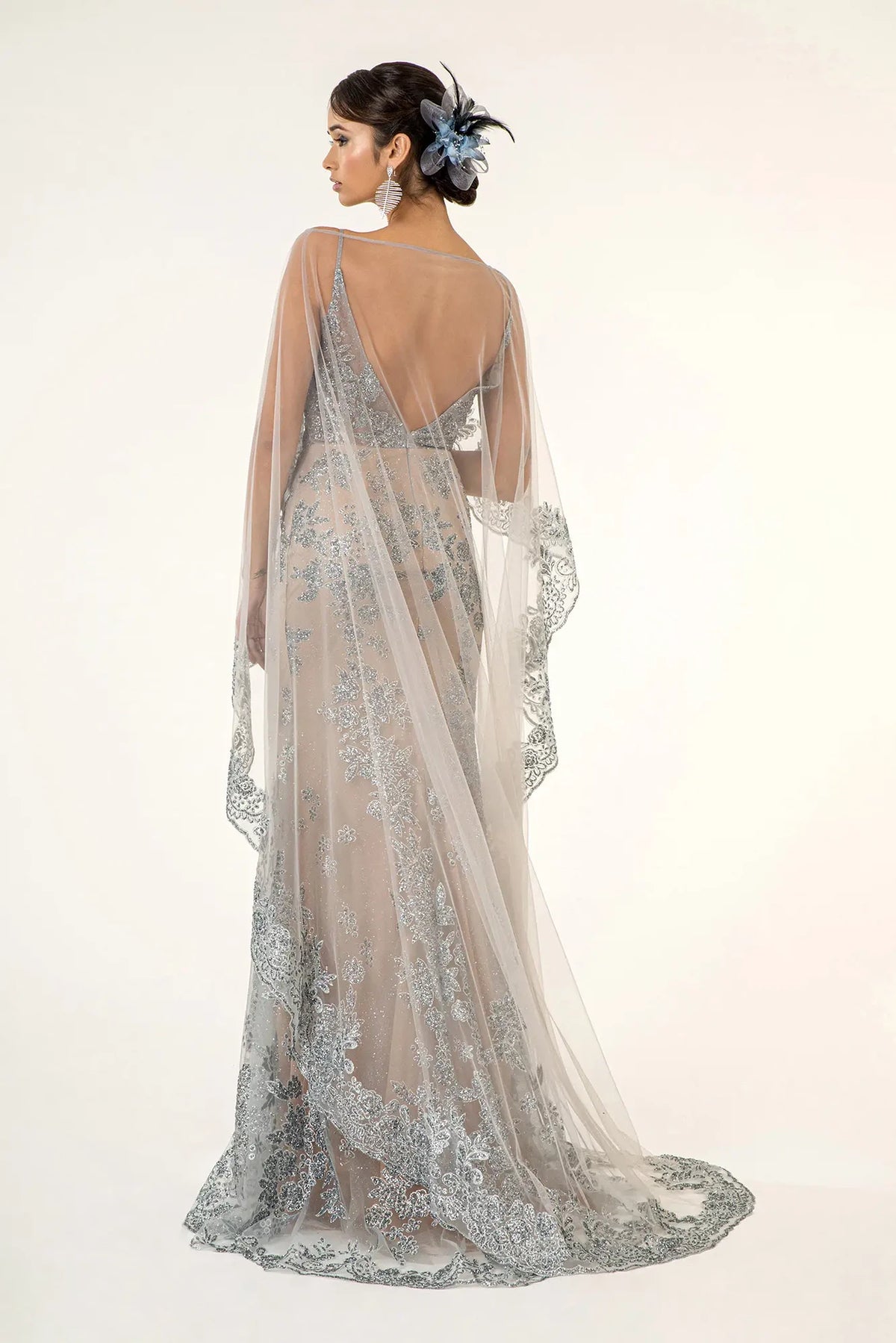 Silver/Nude mother of the bride dress with a sheer cape over a plunging V-back