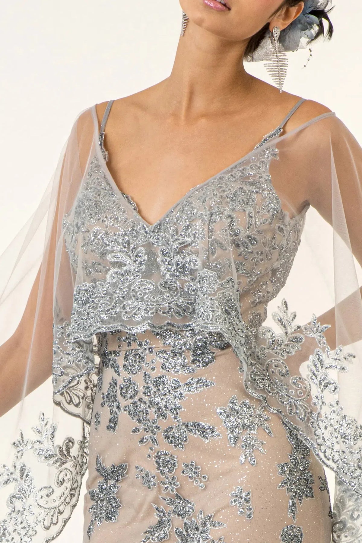 Silver/Nude mother of the bride dress with silver floral embroidery on the bodice