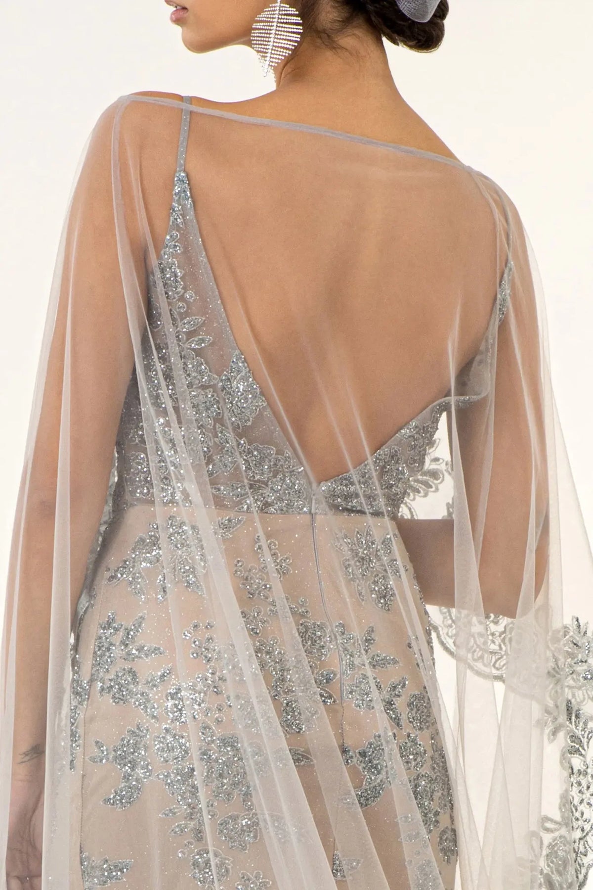 Silver/Nude mother of the bride dress with a deep V-back beneath sheer mesh