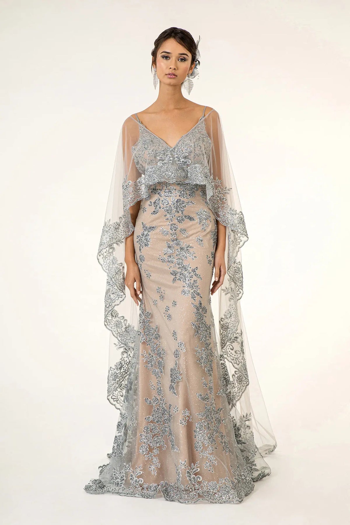 Silver/Nude mother of the bride dress with scalloped floral cape edging