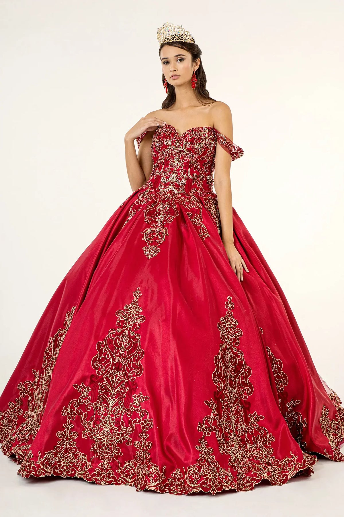 Full-length view presents the Burgundy quinceañera ball gown with metallic embroidery.