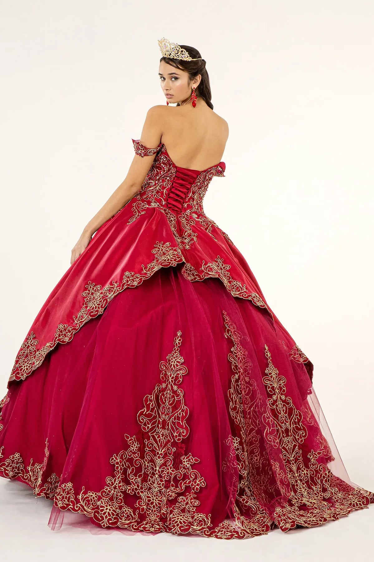 Lace-up back reveals the Burgundy quinceañera ball gown with lace-up back and convertible shoulder straps.