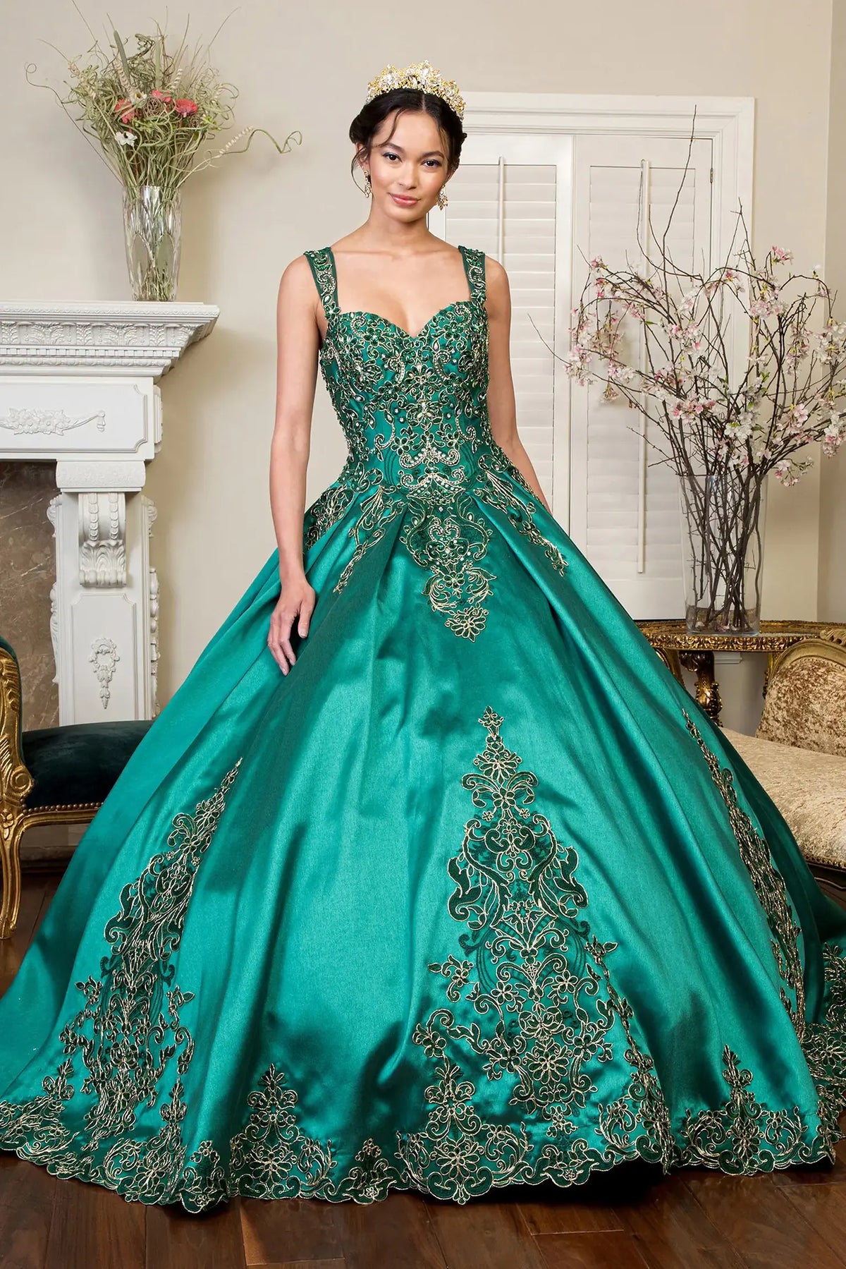 Full-length view presents the Green quinceañera ball gown with metallic embroidery.