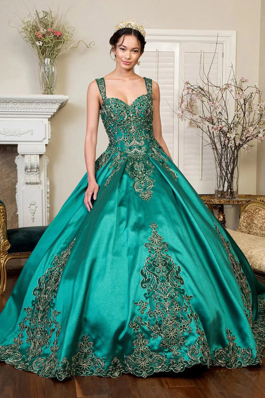 Full-length view presents the Green quinceañera ball gown with metallic embroidery.