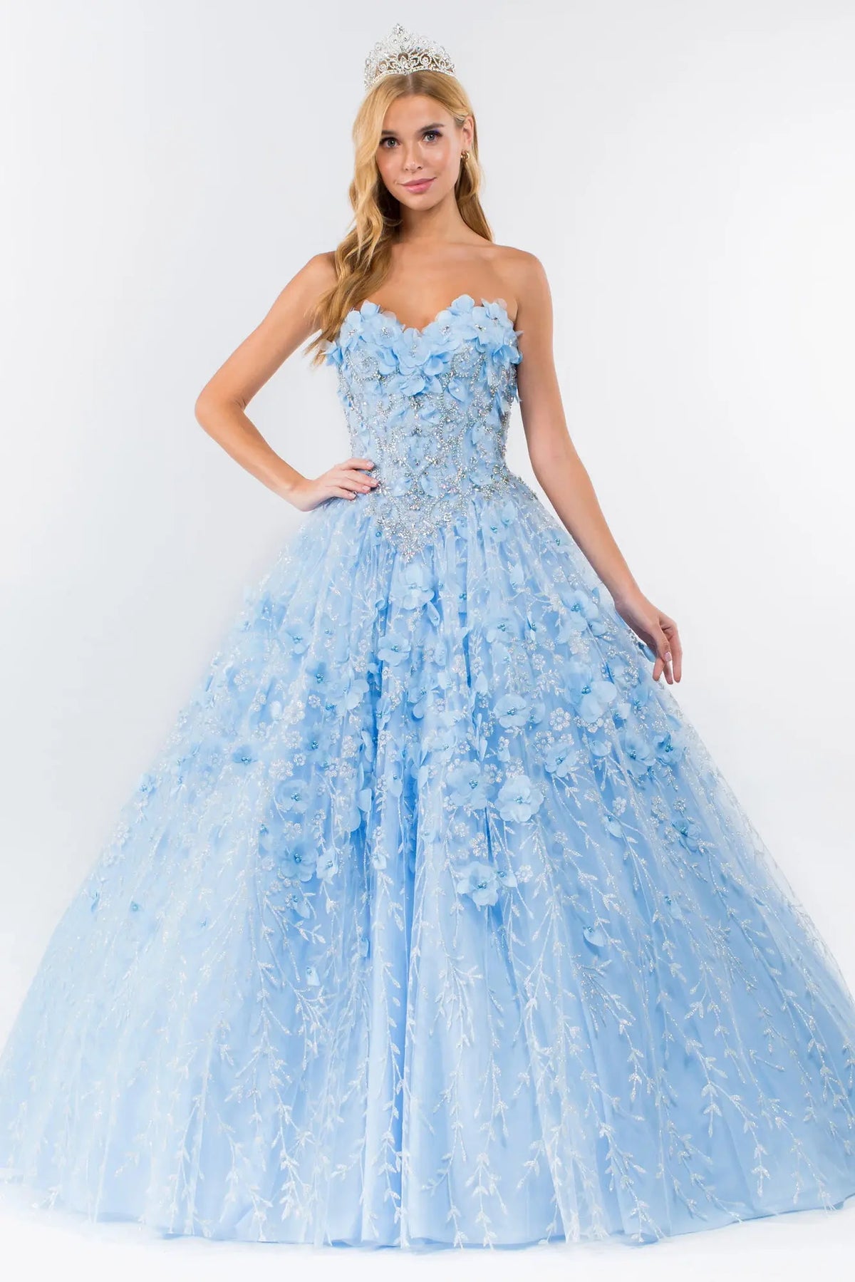 Full-length view presents the Baby Blue quinceañera ball gown with 3d floral cape.