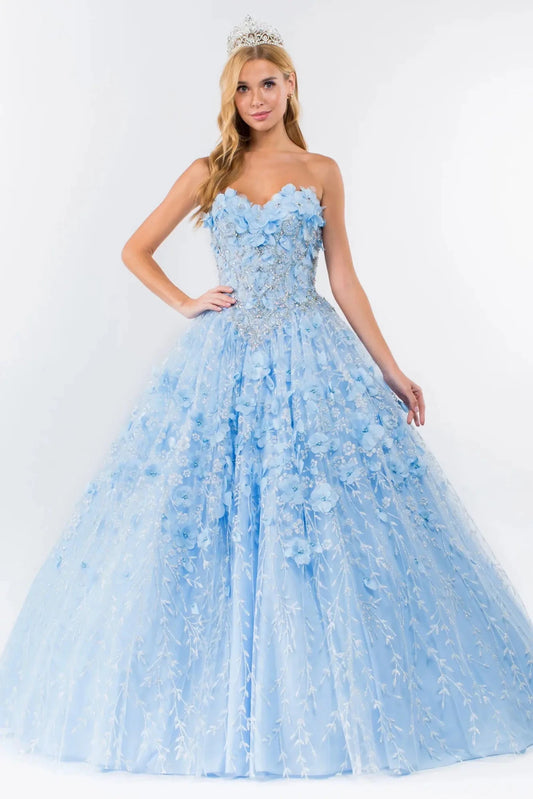 Full-length view presents the Baby Blue quinceañera ball gown with 3d floral cape.
