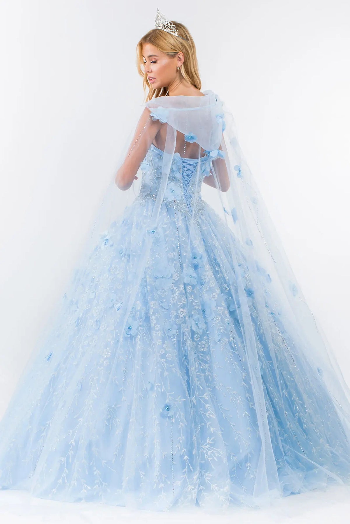 Lace-up back reveals the Baby Blue quinceañera ball gown with lace-up back and jeweled sweetheart bodice.