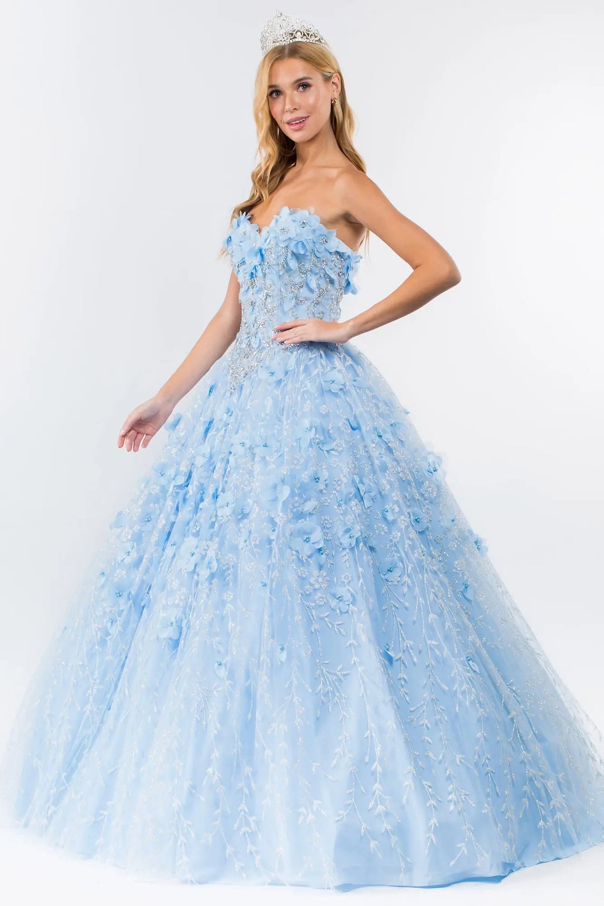 Bodice close-up highlights the Baby Blue quinceañera ball gown with jeweled sweetheart bodice.