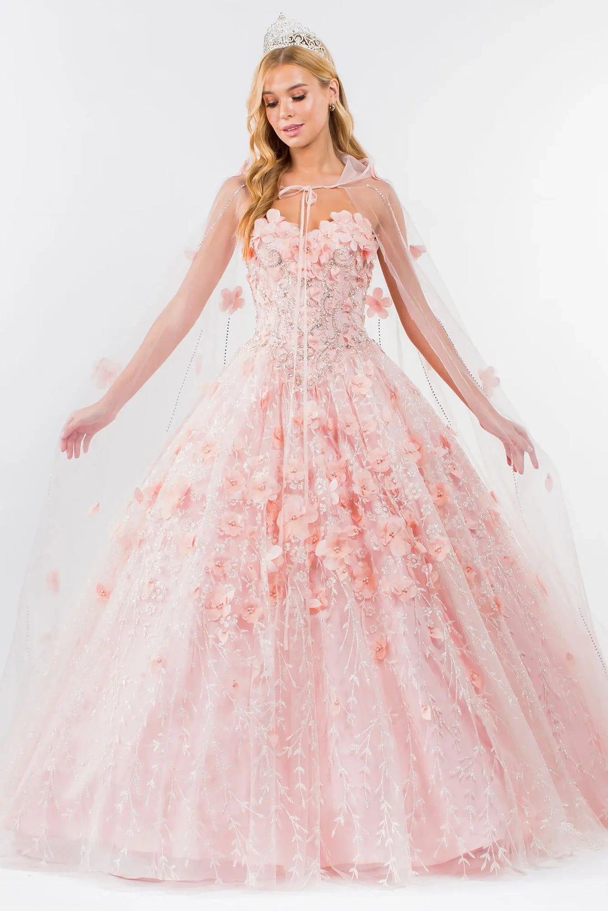 Full-length view presents the Blush quinceañera ball gown with 3d floral cape.