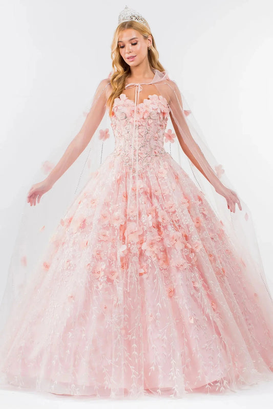 Full-length view presents the Blush quinceañera ball gown with 3d floral cape.