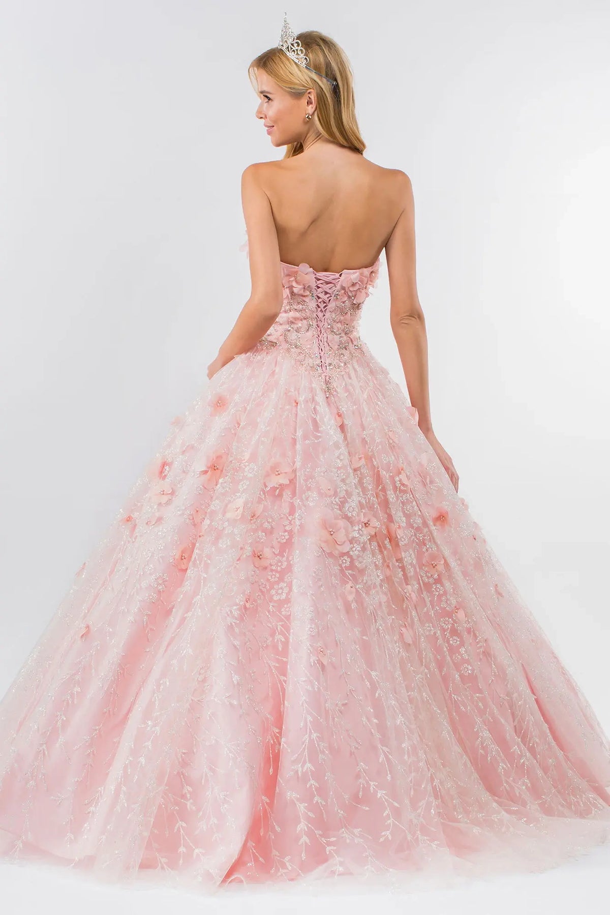 Lace-up back reveals the Blush quinceañera ball gown with lace-up back and jeweled sweetheart bodice.